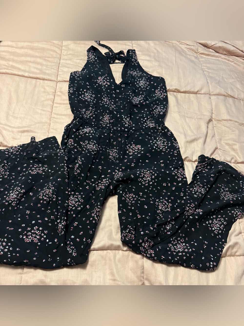 Black Floral Jumpsuit with Pink Ditsy Print